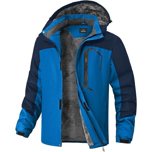 Men's Winter Navy Blue Jackets Waterproof Warm Fleece Ski Jacket with Hood